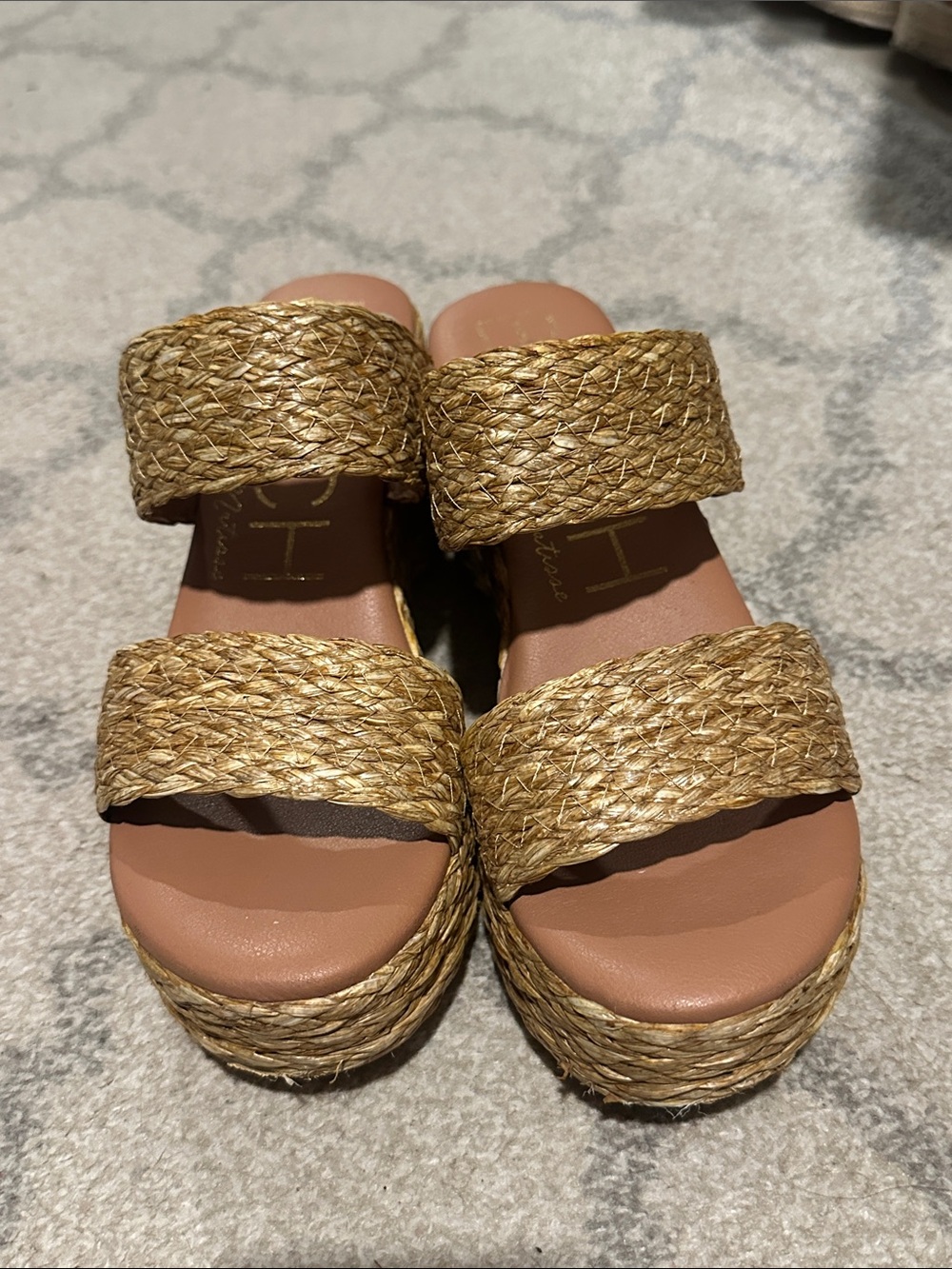 Woven Two-Strap Platform Slides in Natural Straw